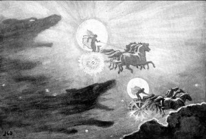 Na slici: Vukovi Skel i Hati jure Sunce i Mesec. Autor: J. C. Dollman 